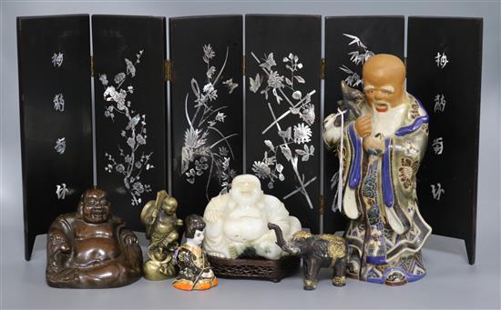 A collection of Buddha figures, a table screen etc screen height 29cm